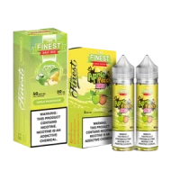 Selection of e-liquid bottles and packaging from a popular head shop in Tulsa, featuring fruity flavors.