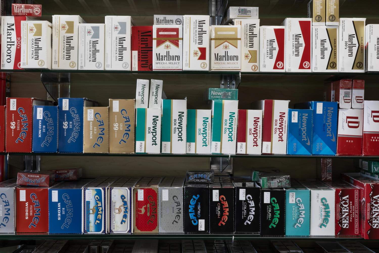 Rows of cigarette packs from Marlboro, Camel, and Newport at a cigarette shop Tulsa, highlighting a wide selection of smoking options.