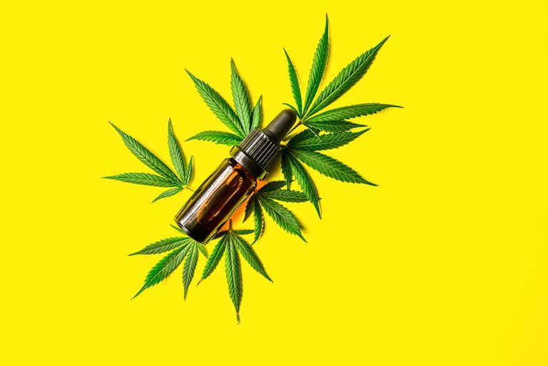 Cannabis leaves surrounding a bottle of potent CBD oil Tulsa on a bright yellow background.