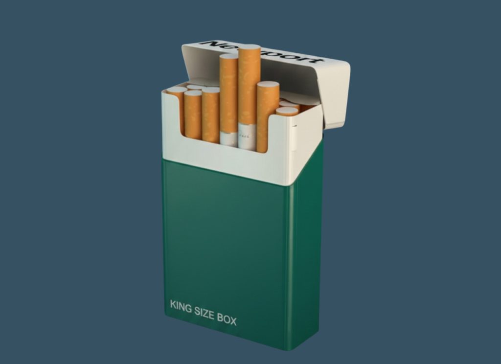 King size box of menthol cigarettes at a tobacco shop Tulsa, shown with an open lid against a dark blue background.