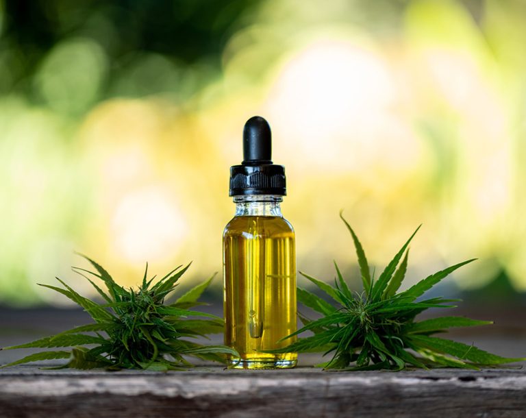 Premium CBD oil extract with dropper and hemp flower bud, available at the best cbd store tulsa.