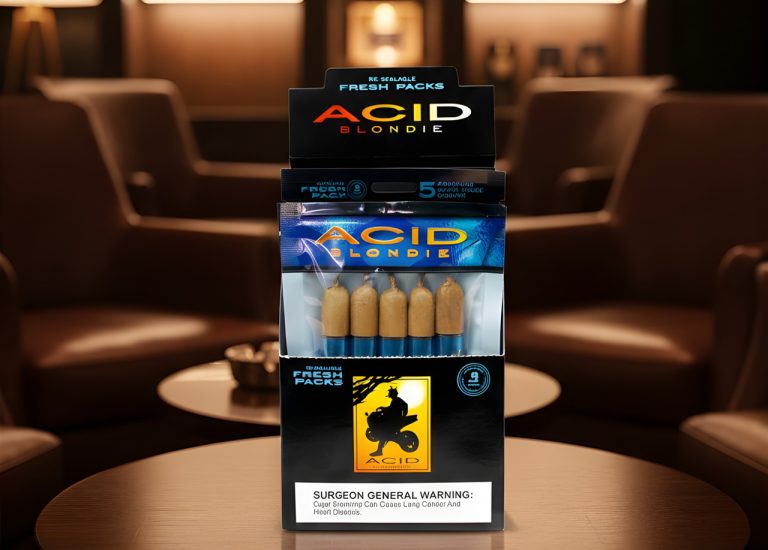 Reclosable Acid Blondie fresh packs available at a cigar shop Tulsa, showcasing infused cigars for local enthusiasts.