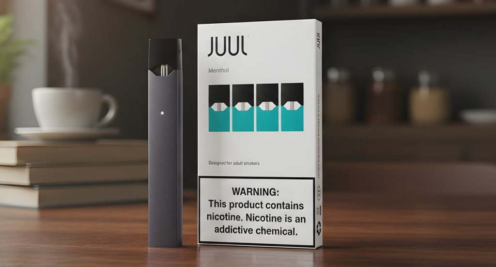 A JUUL vape device and Menthol pod kit on a wooden table, a premium choice for e-cigarettes Tulsa adult smokers.