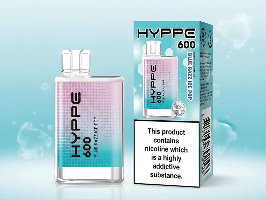 Hyppe 600 Blue Razz Ice Pop disposable vape with mesh coil and nicotine warning available at vape shop Tulsa.