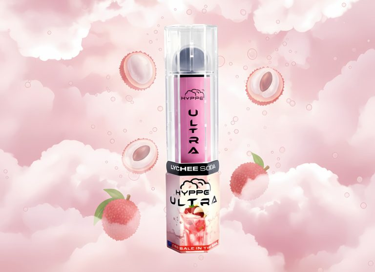 Hyppe Ultra Lychee Soda disposable vape device featuring pink lychee fruit graphics from a local vape shop Tulsa.