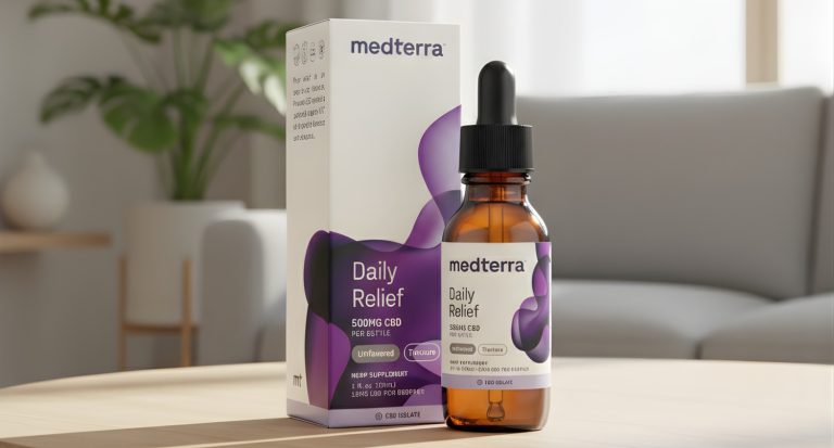 Medterra Daily Relief CBD oil tincture bottle and box packaging, quality unflavored hemp supplement at a CBD shop in Tulsa.