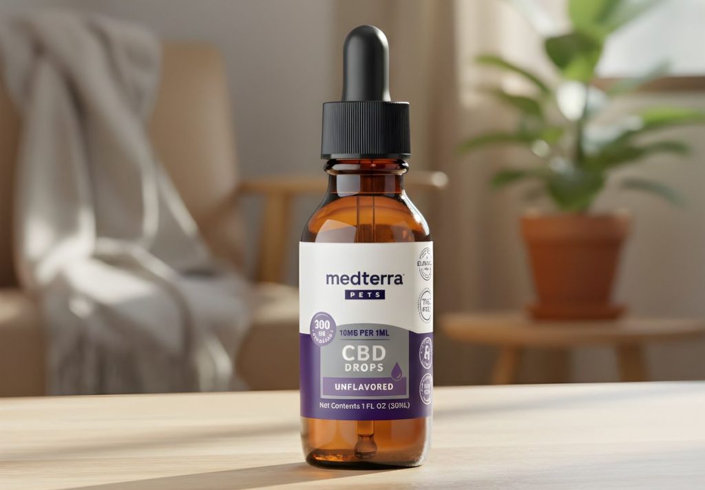 Medterra Pets unflavored CBD drops bottle on a table, a premium hemp oil for pet wellness from a CBD shop in Tulsa.