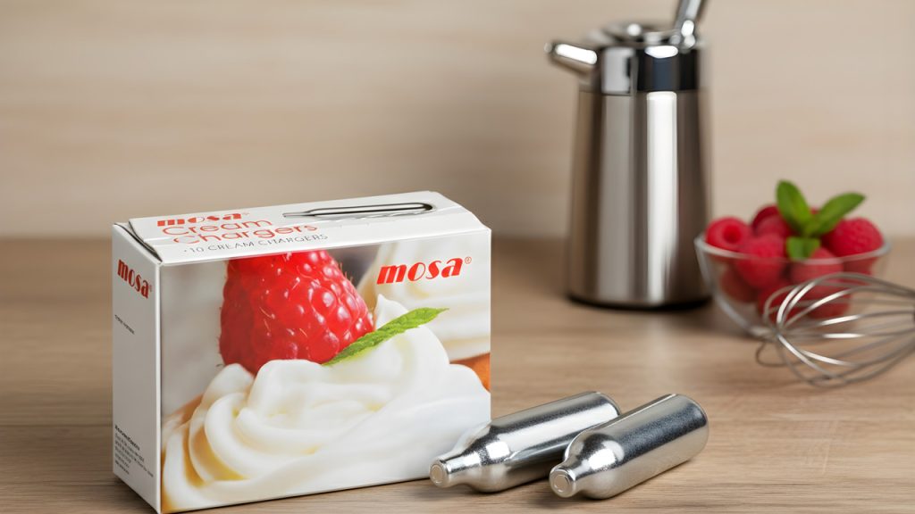 Stainless steel culinary whipped cream dispenser and nitrous oxide chargers Tulsa set for gourmet dessert preparation.
