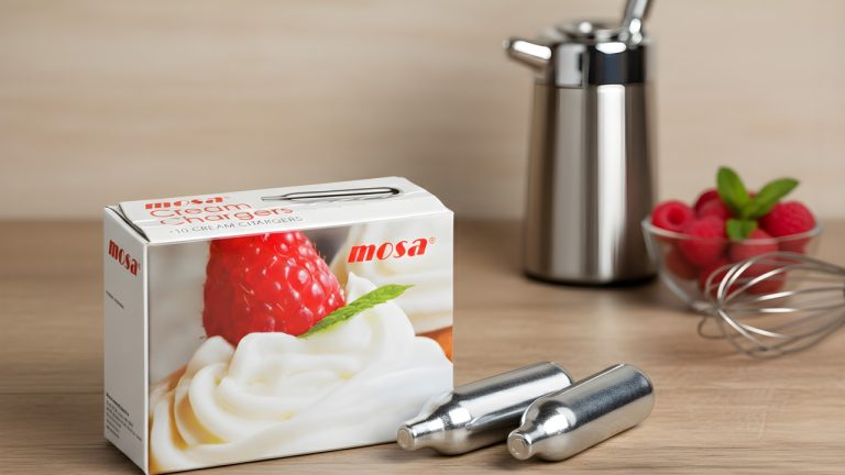 Stainless steel culinary whipped cream dispenser and nitrous oxide chargers Tulsa set for gourmet dessert preparation.