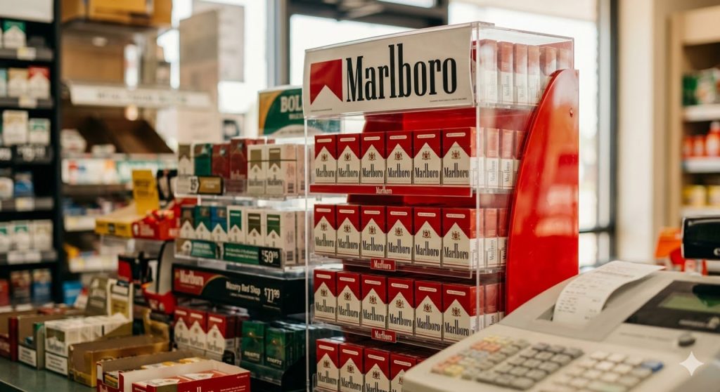 A clear acrylic counter display full of rows of red Marlboro cigarette packs inside a cigarette shop Tulsa location.