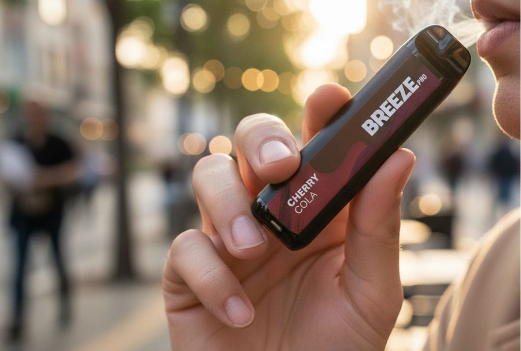 A hand holding a Cherry Cola Breeze Pro vape outdoors. Explore a wide variety of disposable vapes Tulsa shoppers love.