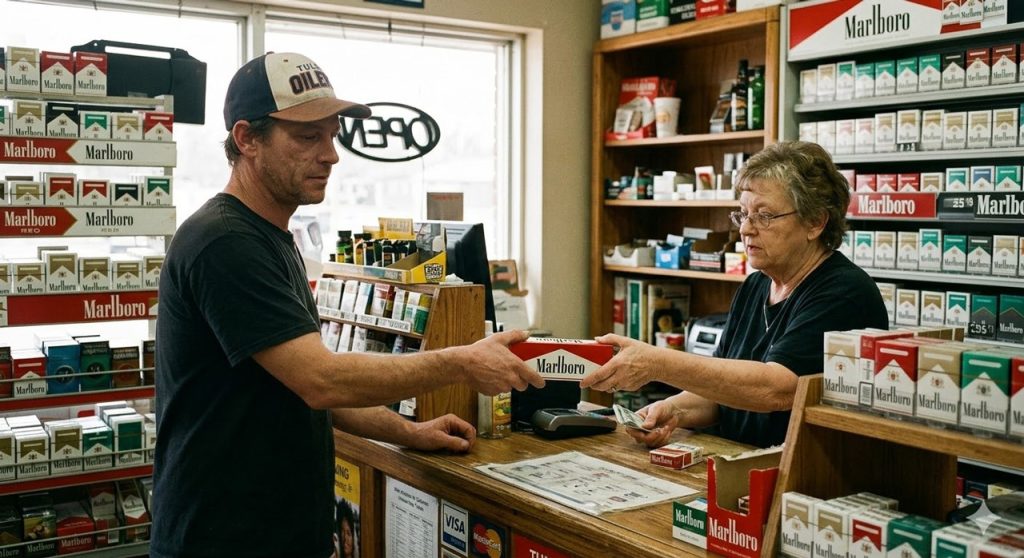 A man in a cap purchasing a pack of Marlboro from a female cashier at a busy cigarette shop Tulsa.