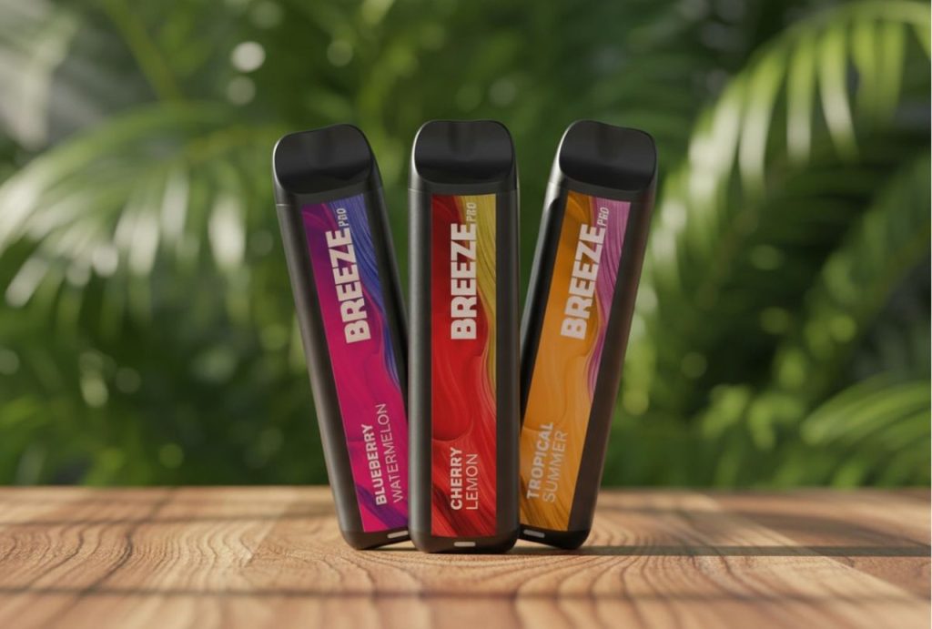 Three Breeze Pro vapes in Blueberry, Cherry, and Tropical flavors. Order top-rated disposable vapes Tulsa online now.