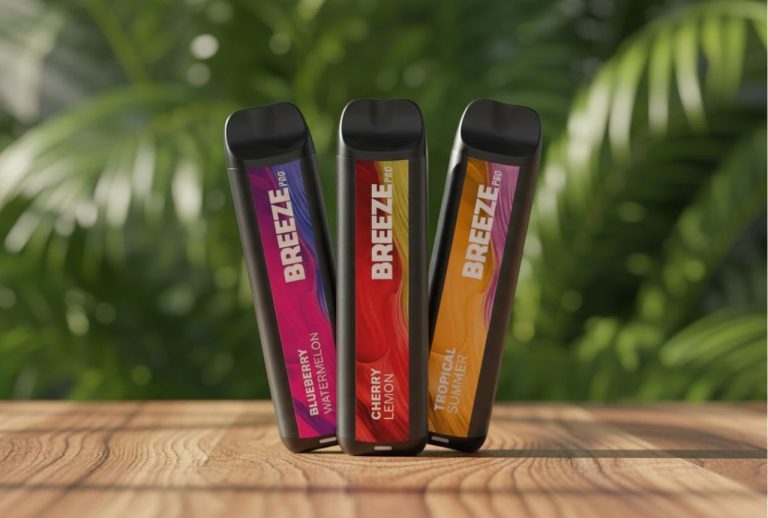 Three Breeze Pro vapes in Blueberry, Cherry, and Tropical flavors. Order top-rated disposable vapes Tulsa online now.