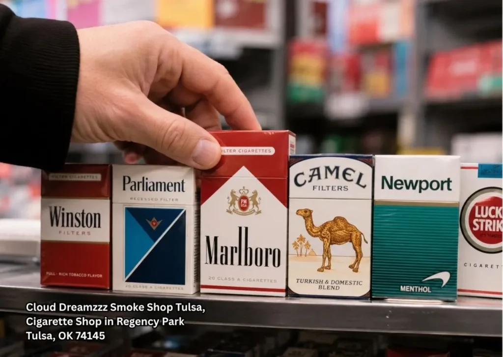 Assorted cigarette packs on a wooden counter showing popular tobacco brands from a cigarette shop Tulsa store