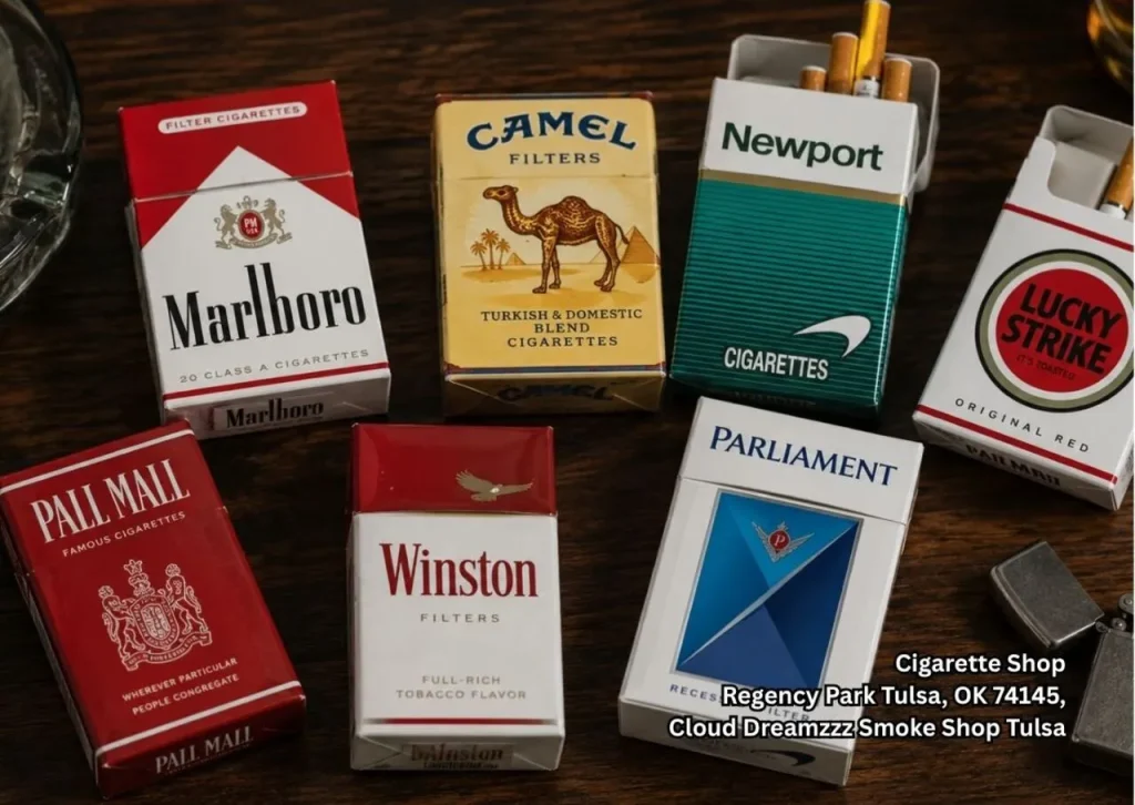 Customer choosing a cigarette pack from popular brands at a cigarette shop Tulsa with stocked tobacco shelves