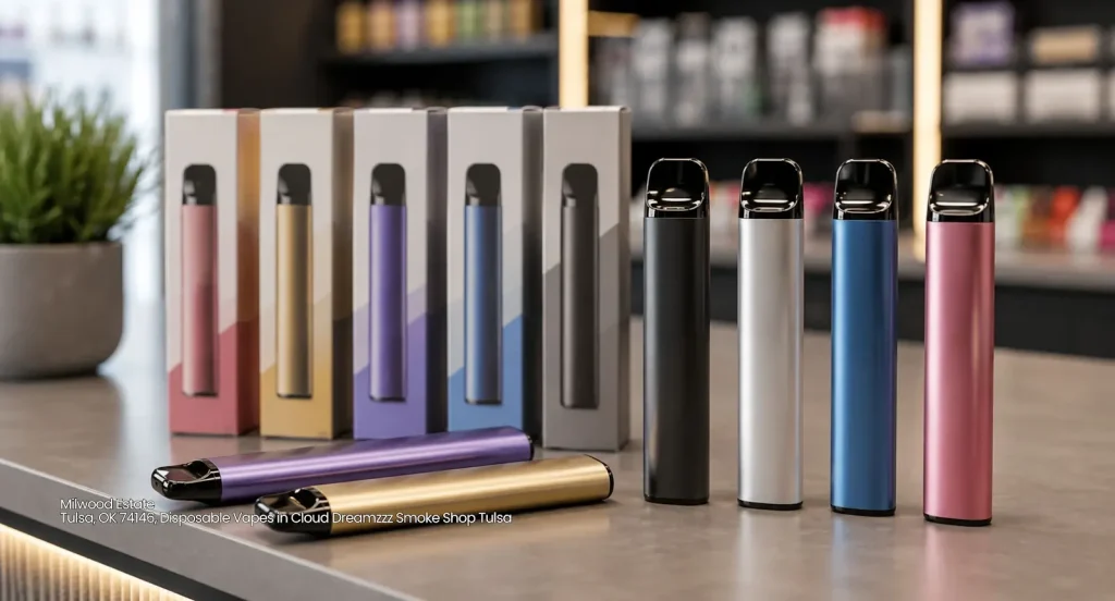 Colorful disposable vapes tulsa displayed on counter alongside sleek product packaging at Cloud Dreamzzz Smoke Shop 
