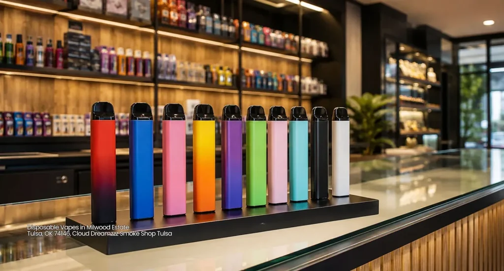 Variety of colorful disposable vapes tulsa lined up neatly on the display counter inside Cloud Dreamzzz Smoke Shop.