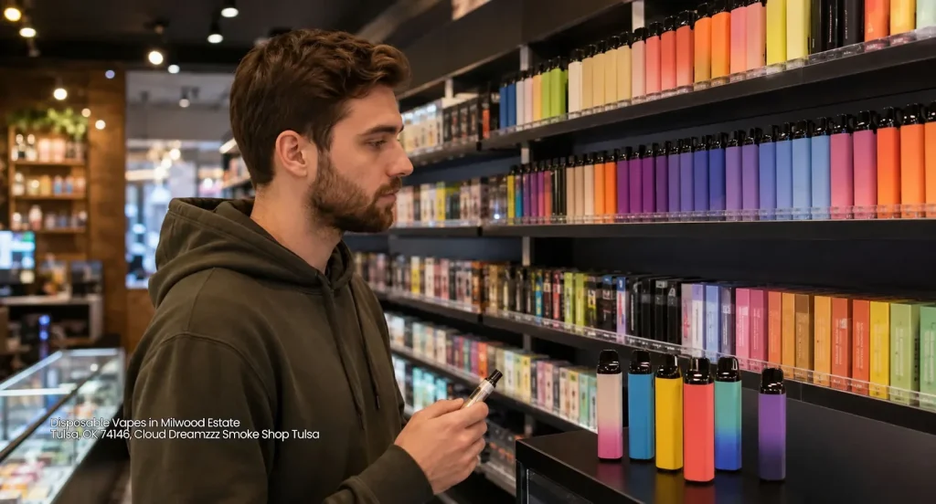 Man browsing colorful disposable vapes tulsa selection on wall shelves at Cloud Dreamzzz Smoke Shop near Milwood. 