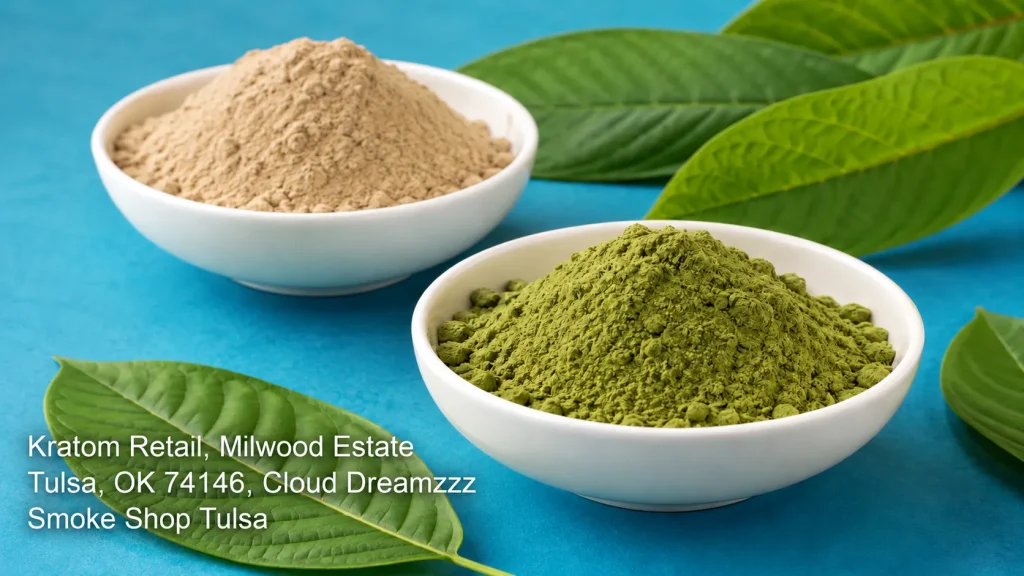 Bowls of fresh green and white powder for quality kratom retail tulsa at Cloud Dreamzzz Smoke Shop in Milwood. 