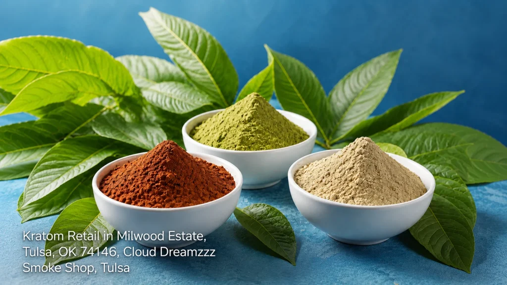 Three bowls of red, green, and white powder strains for kratom retail tulsa at Cloud Dreamzzz Smoke Shop in OK.