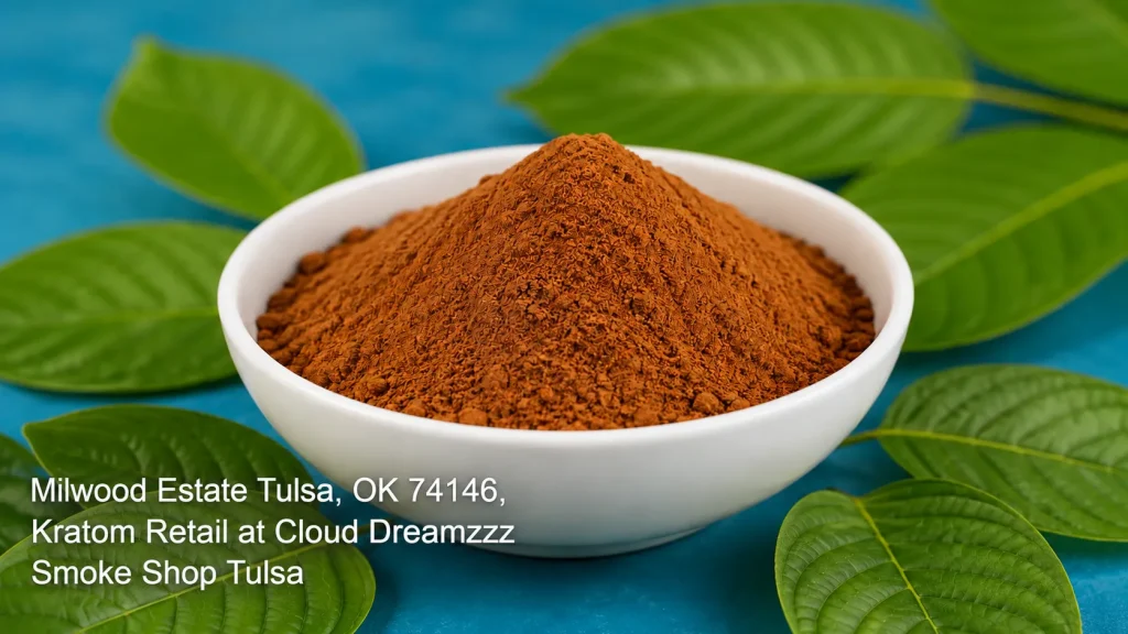 A bowl of organic red vein powder offered by kratom retail tulsa at Cloud Dreamzzz Smoke Shop in Milwood Estate. 