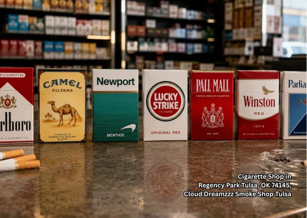 Popular cigarette brands displayed on a store counter inside a cigarette shop Tulsa adults visit for tobacco choices