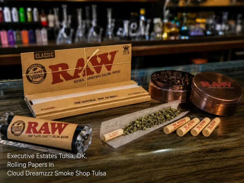 RAW rolling papers, a rolling machine, a grinder, and filters on a glass counter for rolling papers Tulsa reviews. 