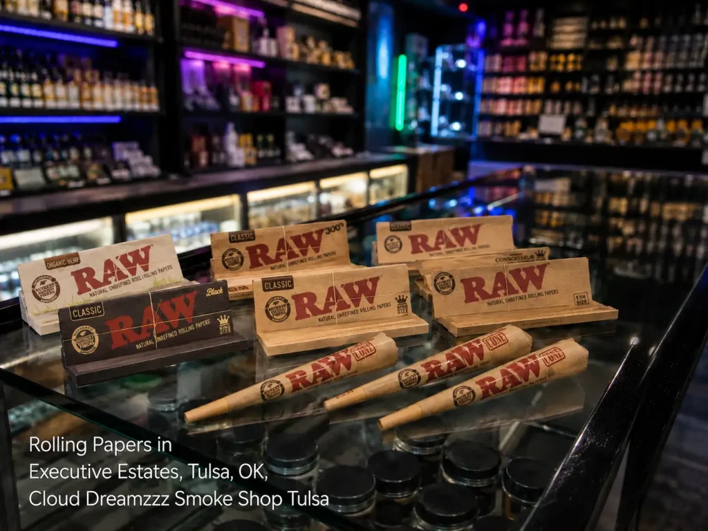 Various RAW rolling papers and pre-rolled cones displayed inside Cloud Dreamzzz, a top rolling papers Tulsa smoke shop.