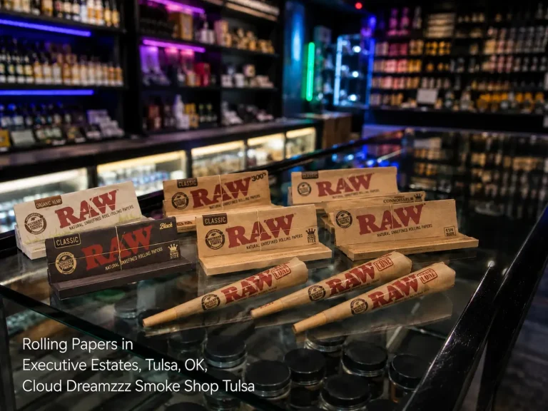 Various RAW rolling papers and pre-rolled cones displayed inside Cloud Dreamzzz, a top rolling papers Tulsa smoke shop.