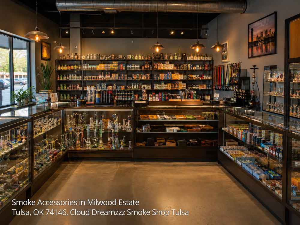 The wide interior layout of a local store filled with various smoke accessories in Tulsa, showing shelves and display cases.