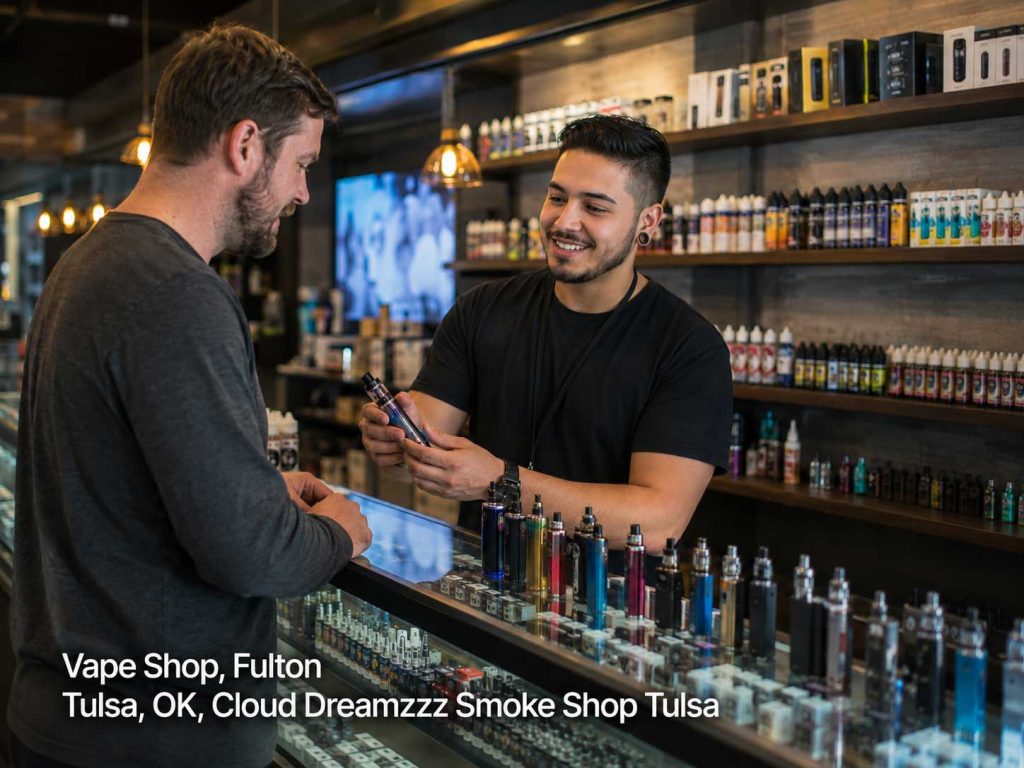 Friendly staff member showing vape devices to a customer inside Cloud Dreamzzz Smoke Shop, a vape shop in Fulton Tulsa OK.