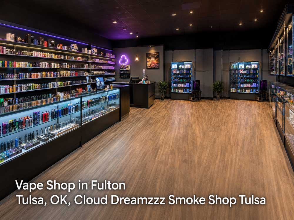 Spacious interior displaying e-liquids and gear at Cloud Dreamzzz Smoke Shop, a premier vape shop in Fulton Tulsa OK.