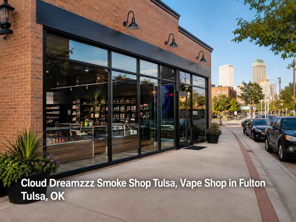 Brick storefront and glass entrance of Cloud Dreamzzz Smoke Shop, a modern local vape shop in Fulton Tulsa OK.