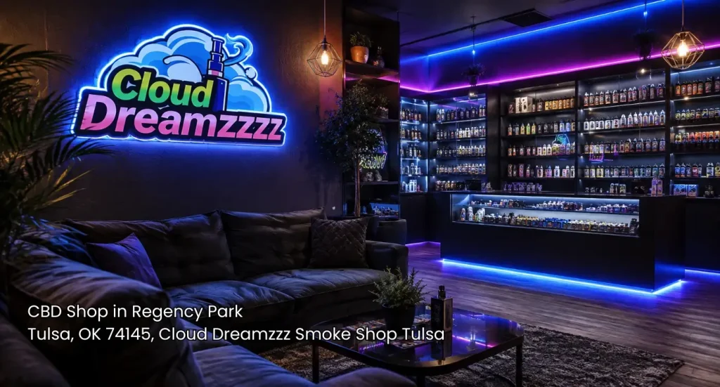 Stylish seating lounge with ambient LED lighting inside a full service cigarette shop Tulsa residents recommend.