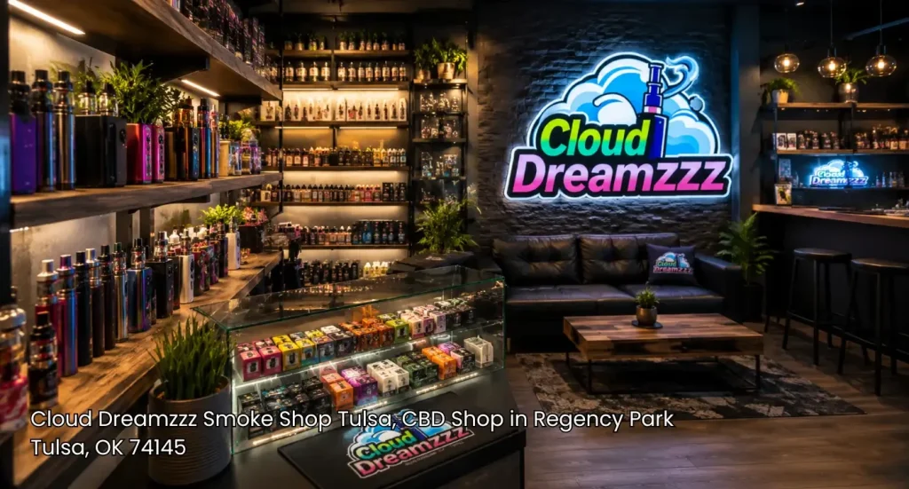 Well lit shelves featuring premium products and accessories inside a popular CBD shop Tulsa customers love. 