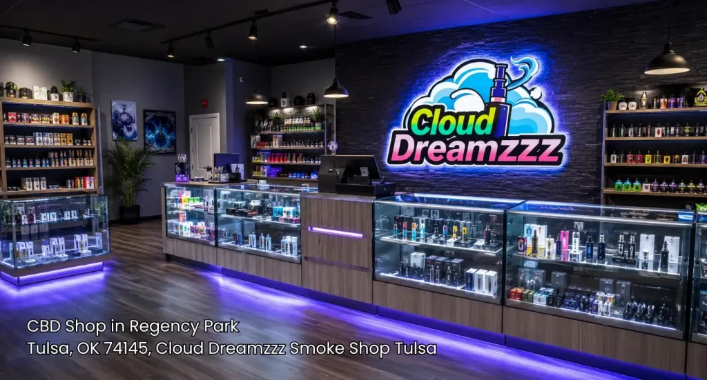 Modern glass checkout counters and vibrant neon branding inside a premier CBD shop Tulsa locals visit daily.