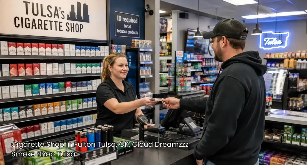 Friendly cashier assisting a local customer at the checkout counter inside a top rated cigarette shop tulsa 