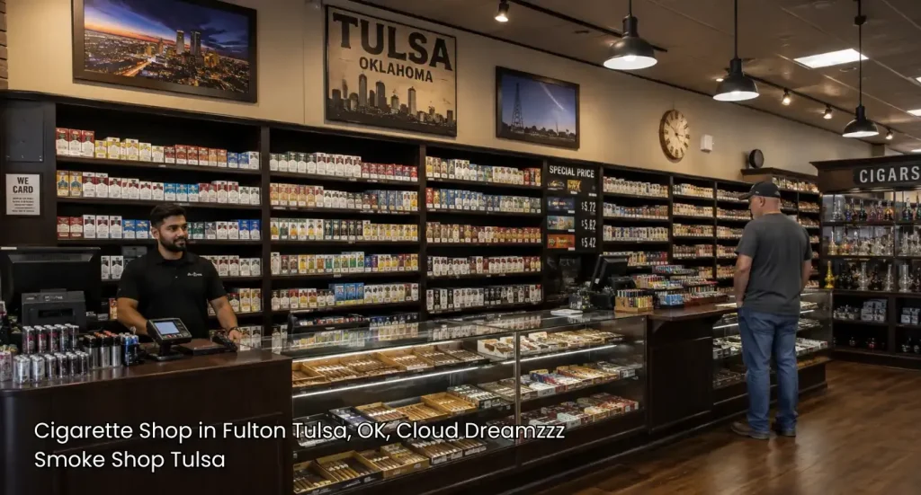 Wide store interior showcasing a fully stocked product wall at a premier cigarette shop tulsa locals visit.