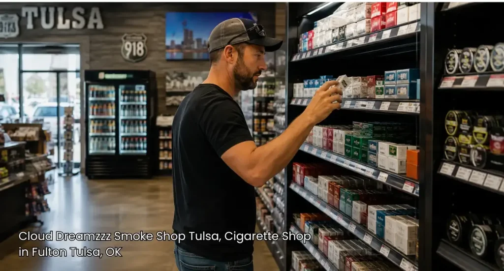 Customer selecting packaged items off organized store shelves inside a modern cigarette shop tulsa location. 