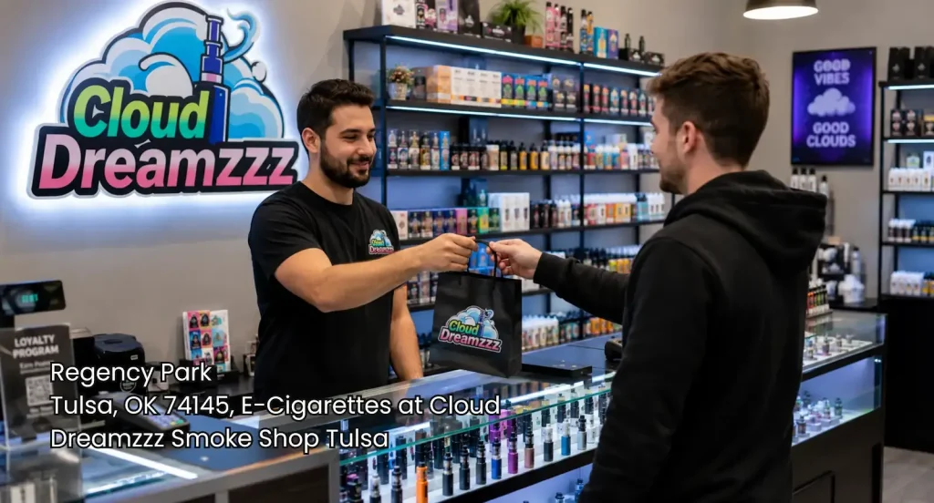 Customer buys e-cigarettes Tulsa shoppers can find at a clean smoke shop checkout with neat displays and helpful service.