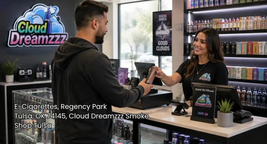 Customer receives an e-cigarette at a clean Tulsa smoke shop counter with organized displays and helpful store staff.