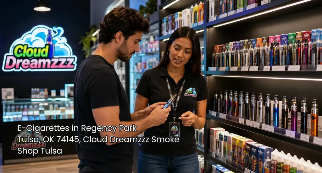 Customer compares e-cigarettes Tulsa options with a store associate inside a modern, well-stocked and organized smoke shop.