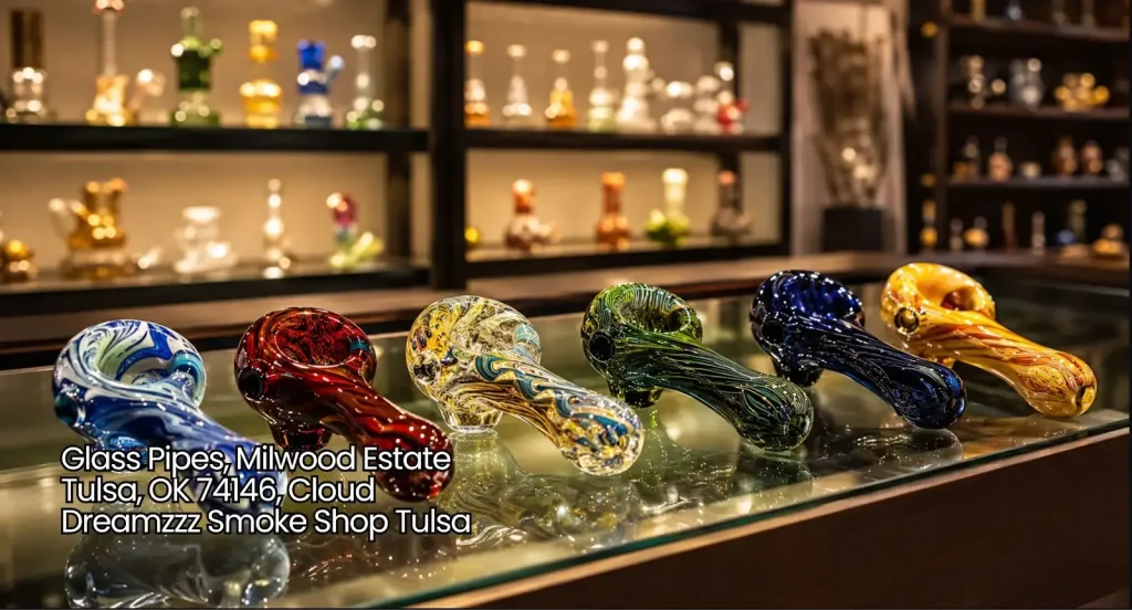 Lineup of colorful hand-blown glass pipes on display at Cloud Dreamzzz, offering high quality glass pipes Tulsa locals love.