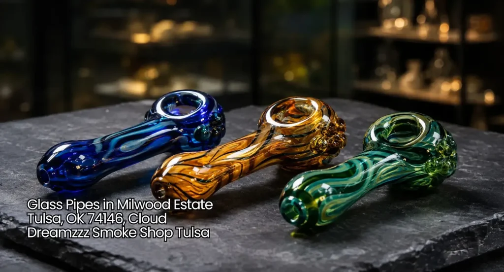 Three handcrafted blue, amber, and green glass pipes on slate display at Cloud Dreamzzz, best glass pipes Tulsa carries. 