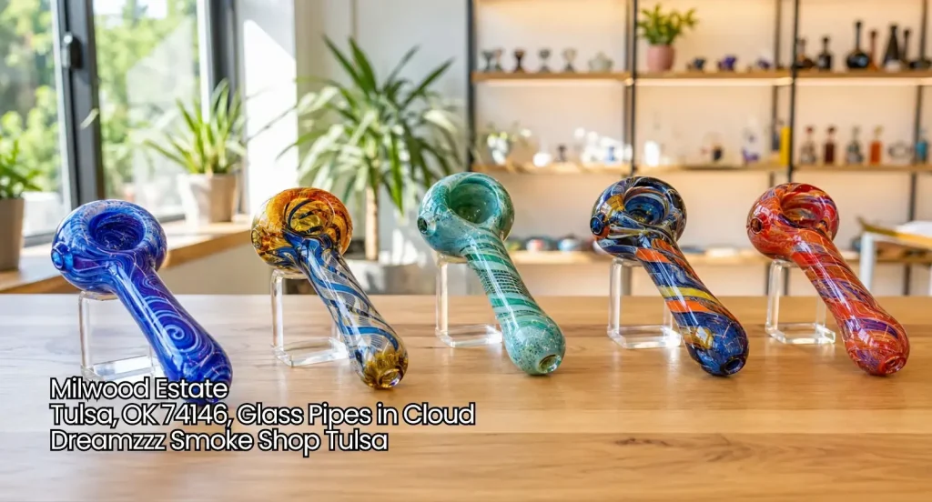 Five colorful swirl-pattern glass pipes on stands at Cloud Dreamzzz, offering premium glass pipes Tulsa shoppers prefer. 