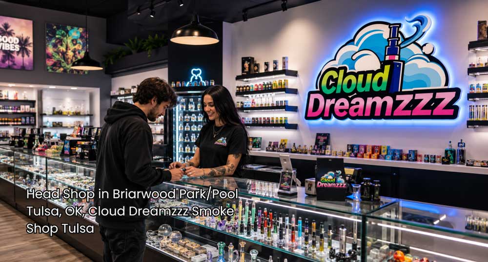 Head shop Tulsa customer speaking with an employee at a glass counter displaying vapes, pipes, and smoking accessories.