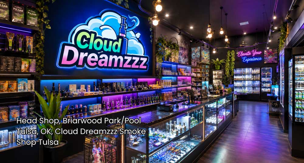 Head shop Tulsa interior with colorful LED lighting, glass cases, organized vape products, pipes, and smoking accessories.