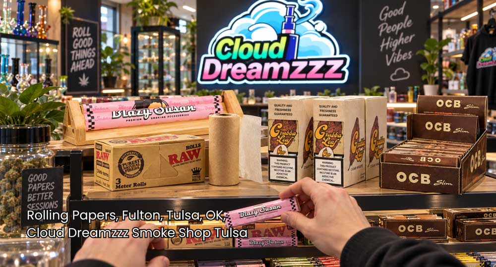 Customer selecting Blazy Susan, RAW, and OCB rolling papers in Tulsa at Cloud Dreamzzz Smoke Shop display.