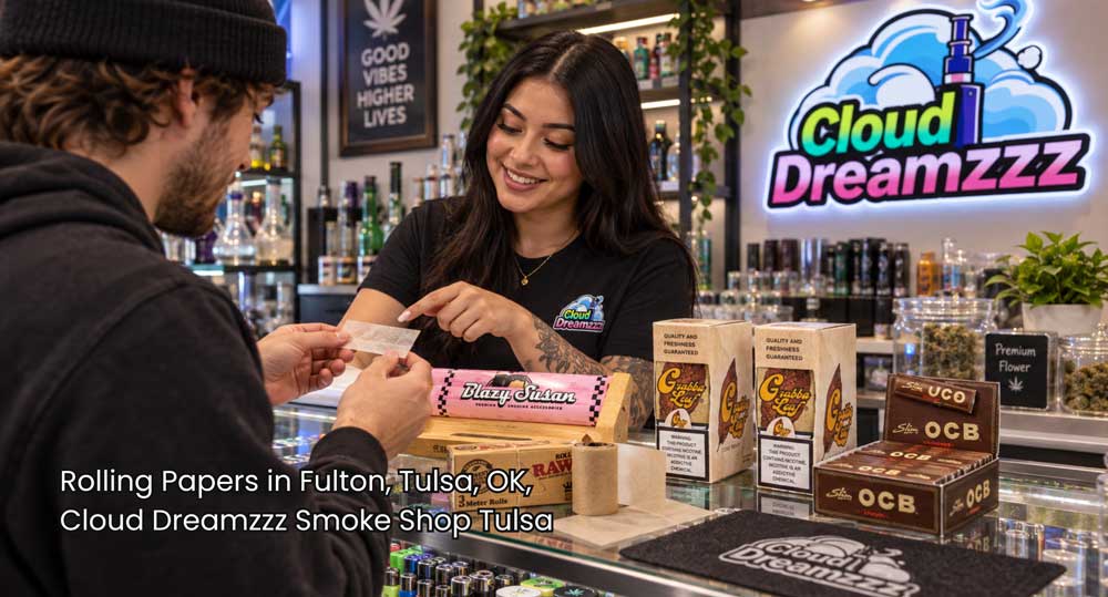 Friendly staff member assisting a customer with rolling papers in Tulsa at Cloud Dreamzzz Smoke Shop in Fulton